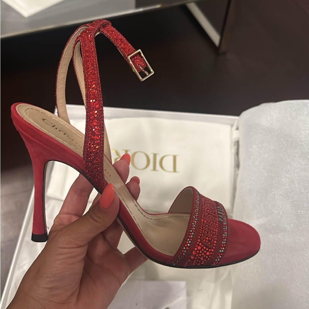 Dior Red Stiletto Heels with Glitter Embellishments